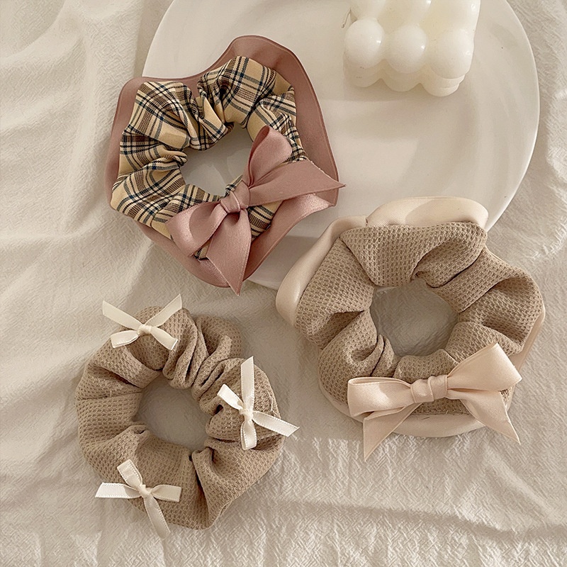 Women's Daily Rib-Knit Lace Rivet Hair Tie Sweet Plaid Bow Knot