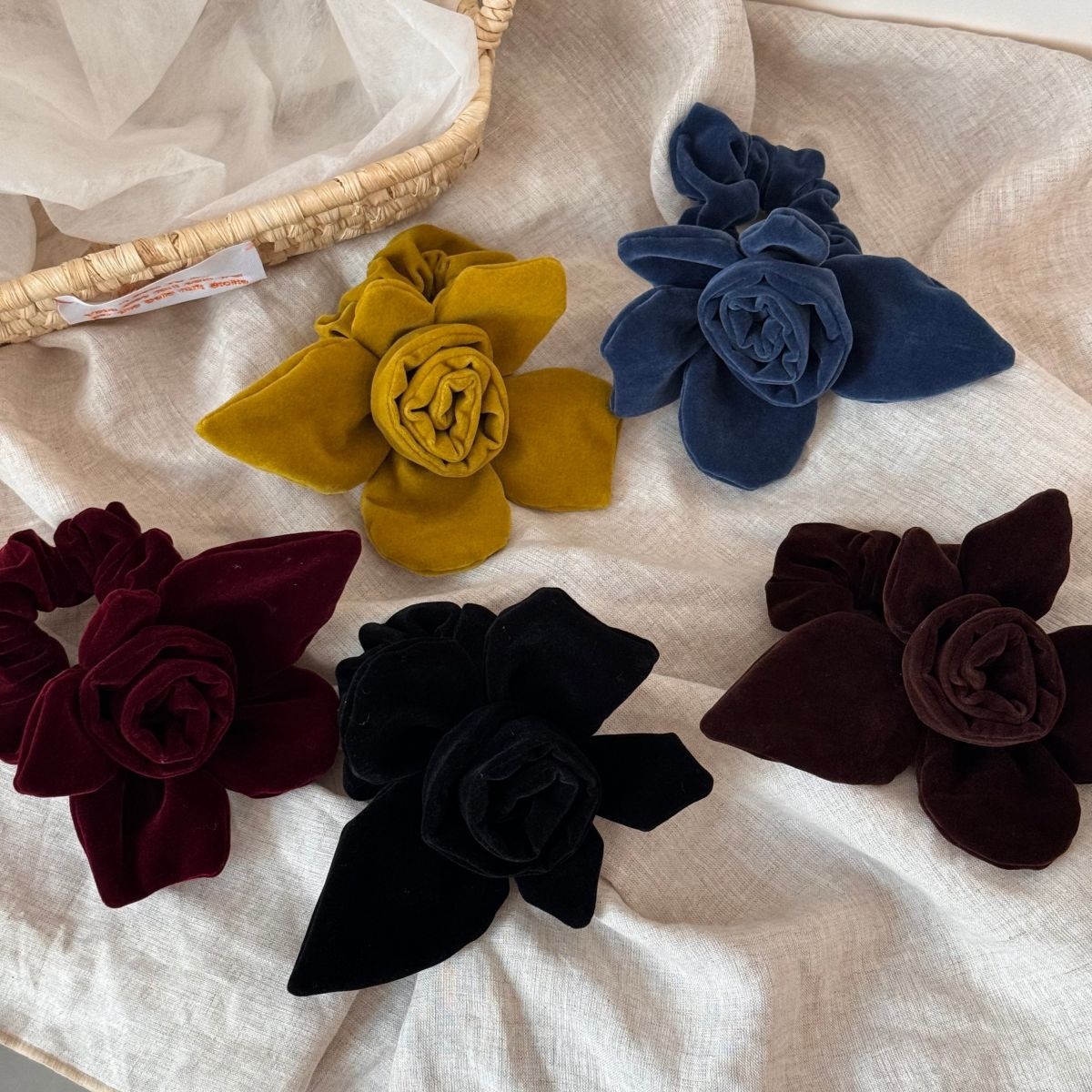 Women's Handmade Velvet Rose Elastic Hair Ties Vintage Fabric Floral Head Ropes