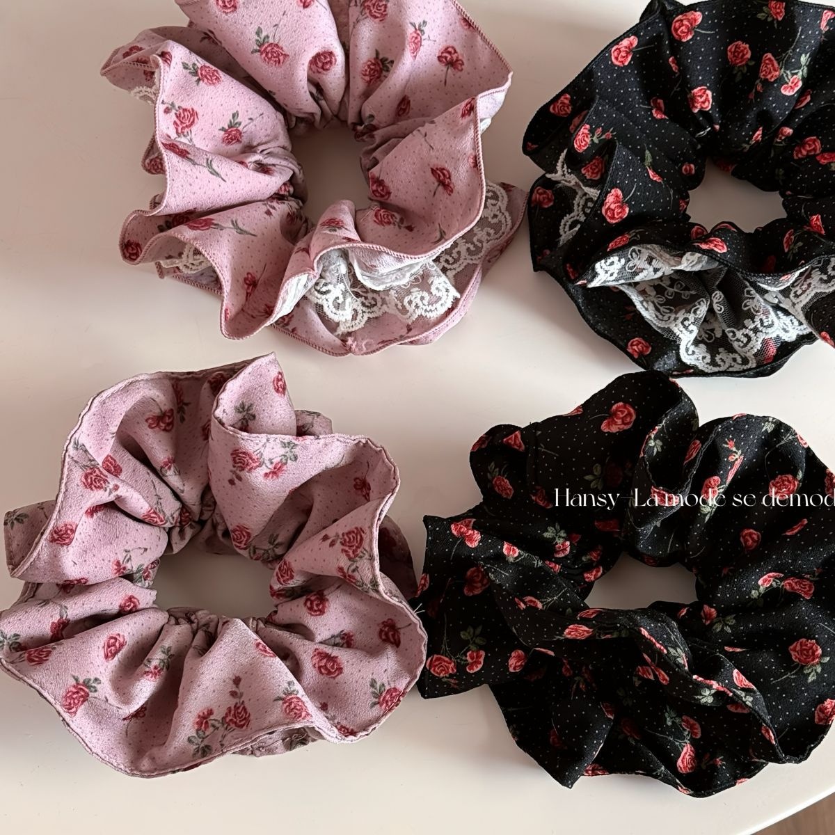 Women's Elegant Lace Rose Scrunchie Hair Accessories Pink Black Polka Dots