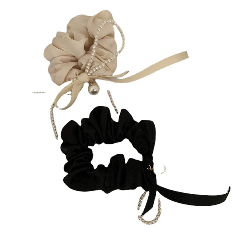 Women's French Pearl Cloth Elastic Hair Bun Tie Beige Black Bowknot