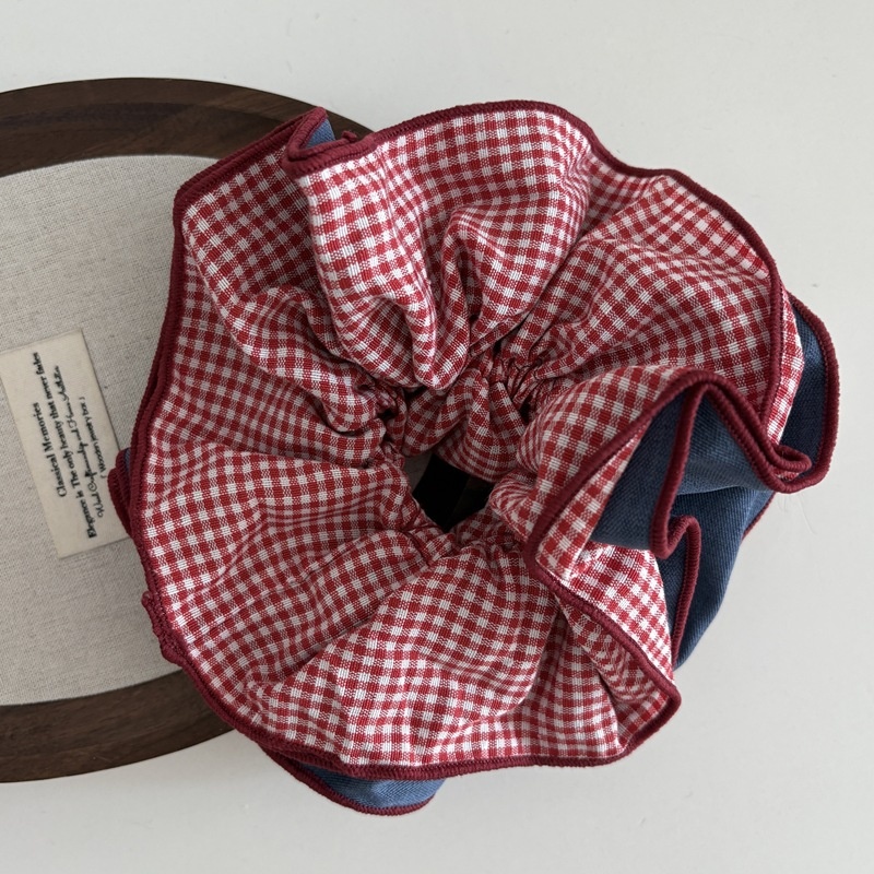 Women's Fabric Multi-Layer Hair Scrunchie Preppy Color Block Plaid