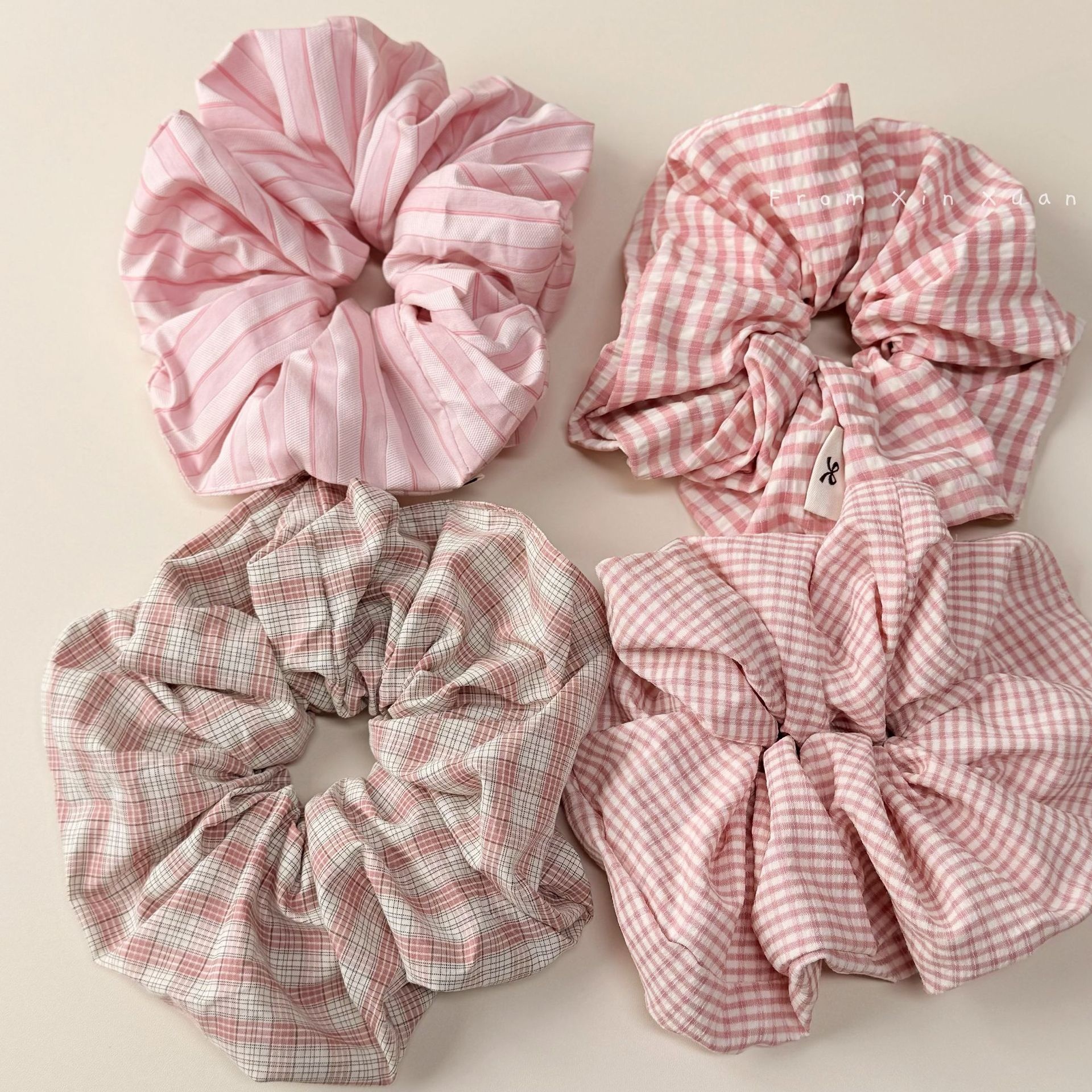 Women's Stylish Cloth Hair Tie in Pink Plaid for Spring and Summer