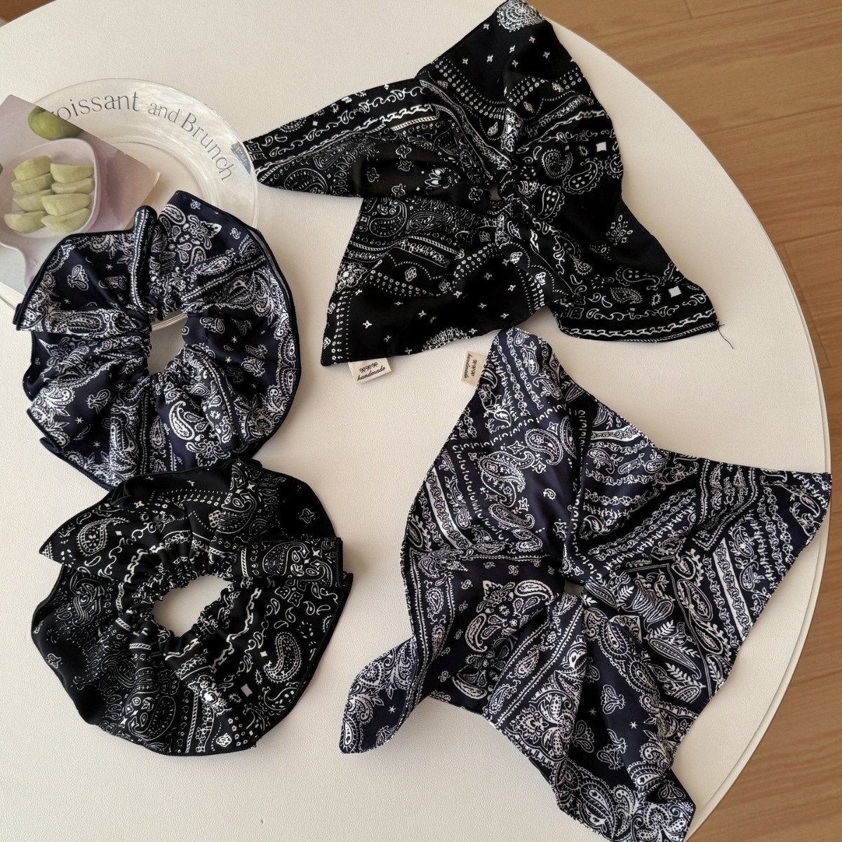 Women's Oversized Silk Scarf Hair Scrunchie Retro Black Nut Flower