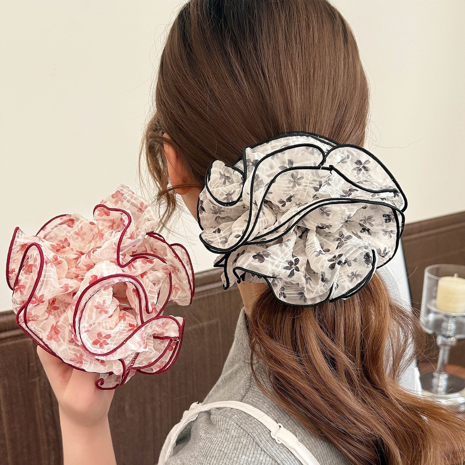 Women's Summer Gauze Scrunchie Hair Tie Pink Cherry Ditsy Floral