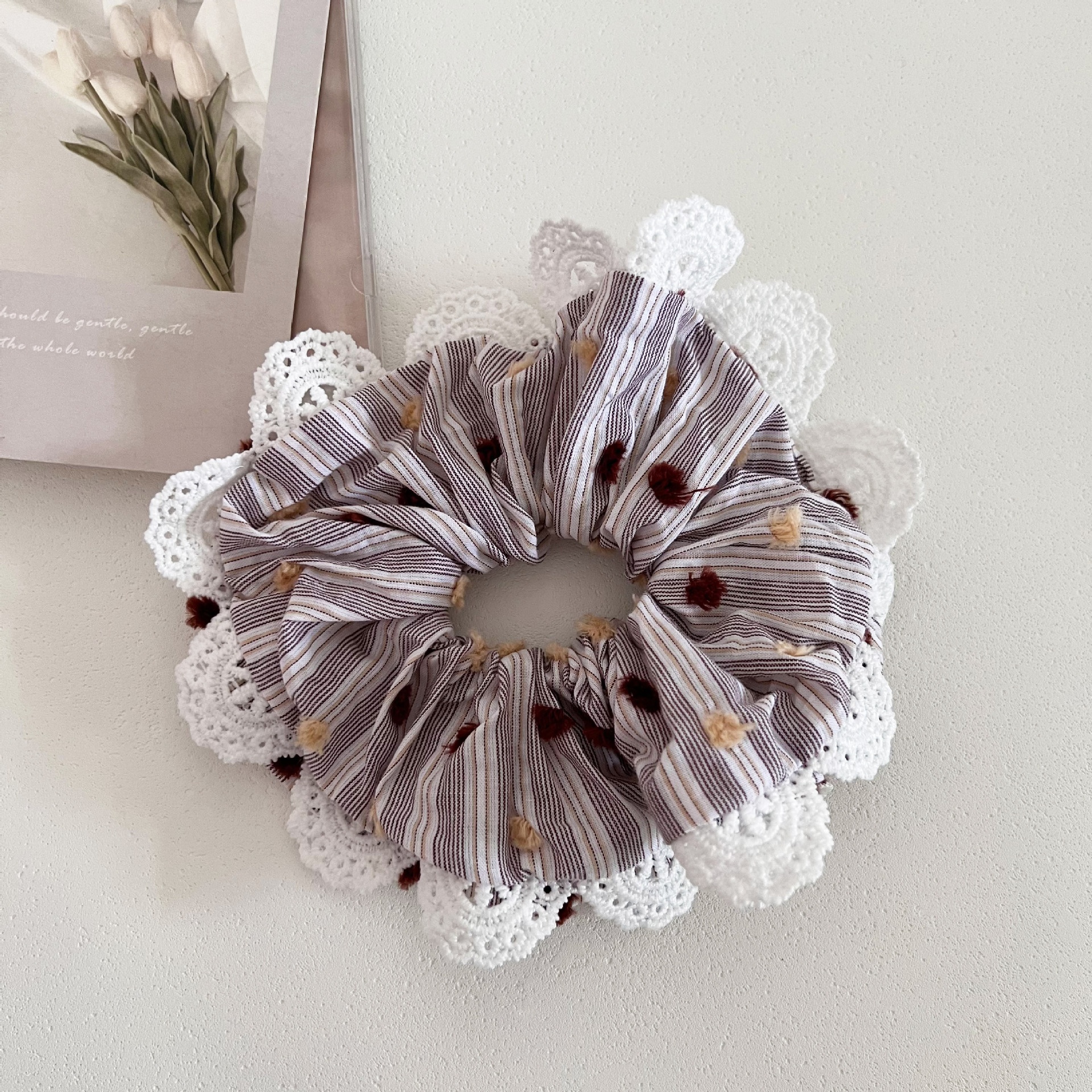 Women's Handmade Fabric Hair Bun Scrunchie Striped Polka Dot Lace Pink Blue