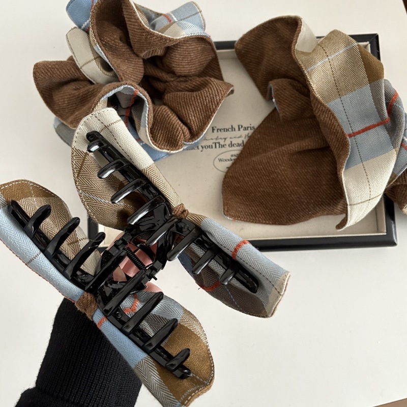 Women's Lazy Cloth Bow Scarf Scrunchie Hair Tie Light Blue Plaid