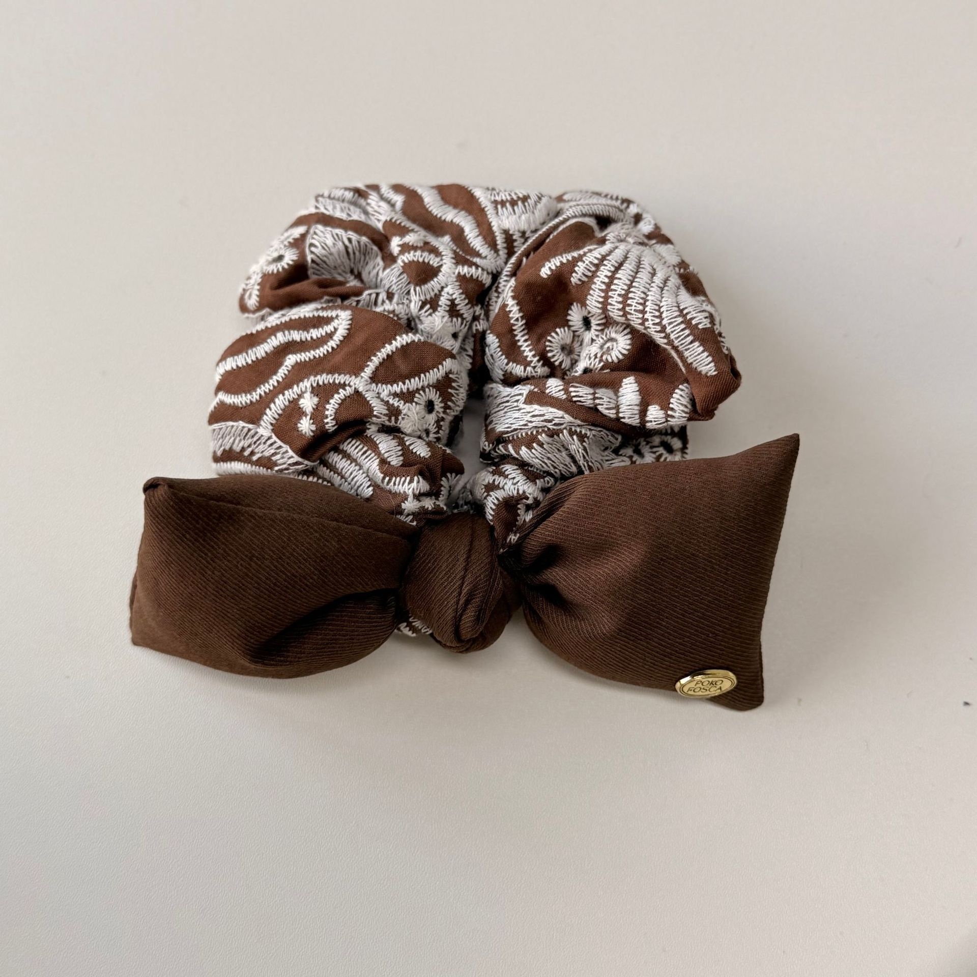 Women's Vintage Winter Cloth Bow Bun Hair Tie Embroidered Coffee Blue