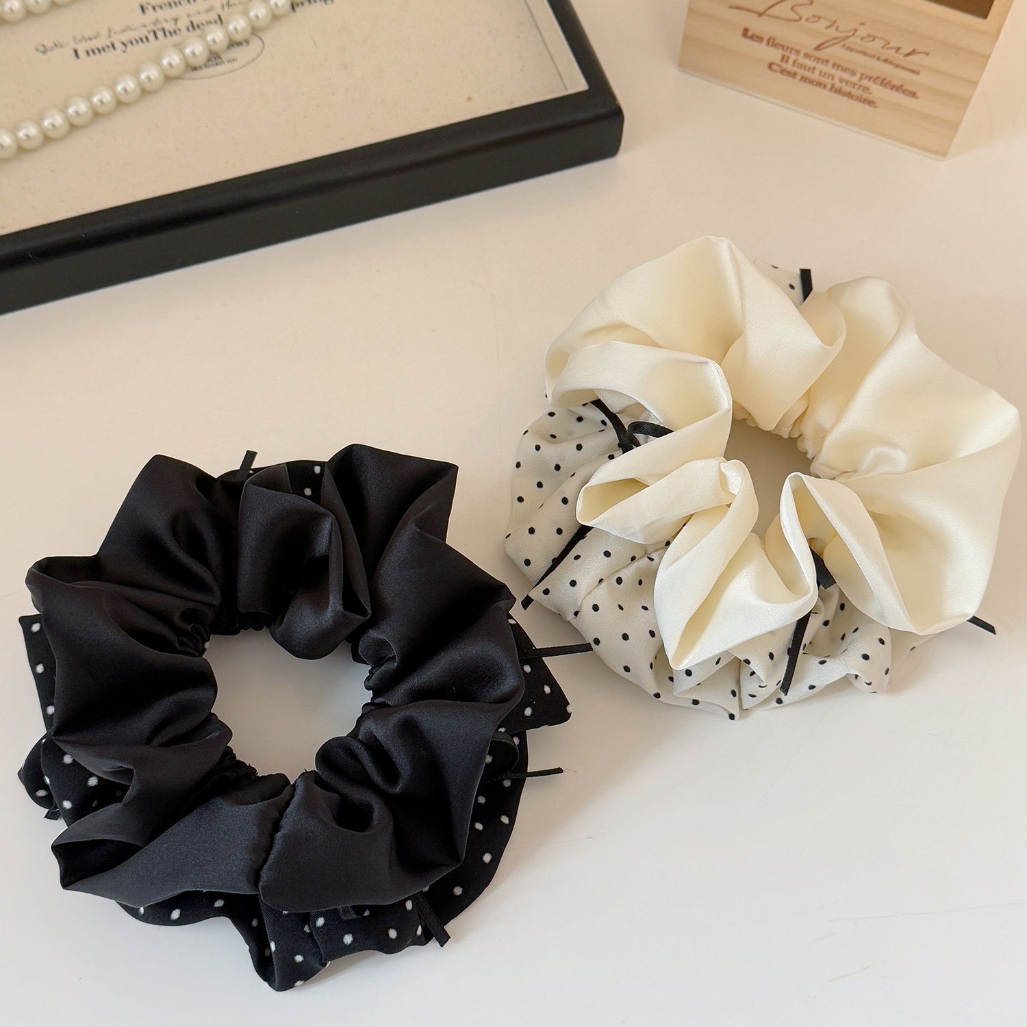 Women's Spring Korean Cloth Bowknot Hair Tie Black Polka Dots