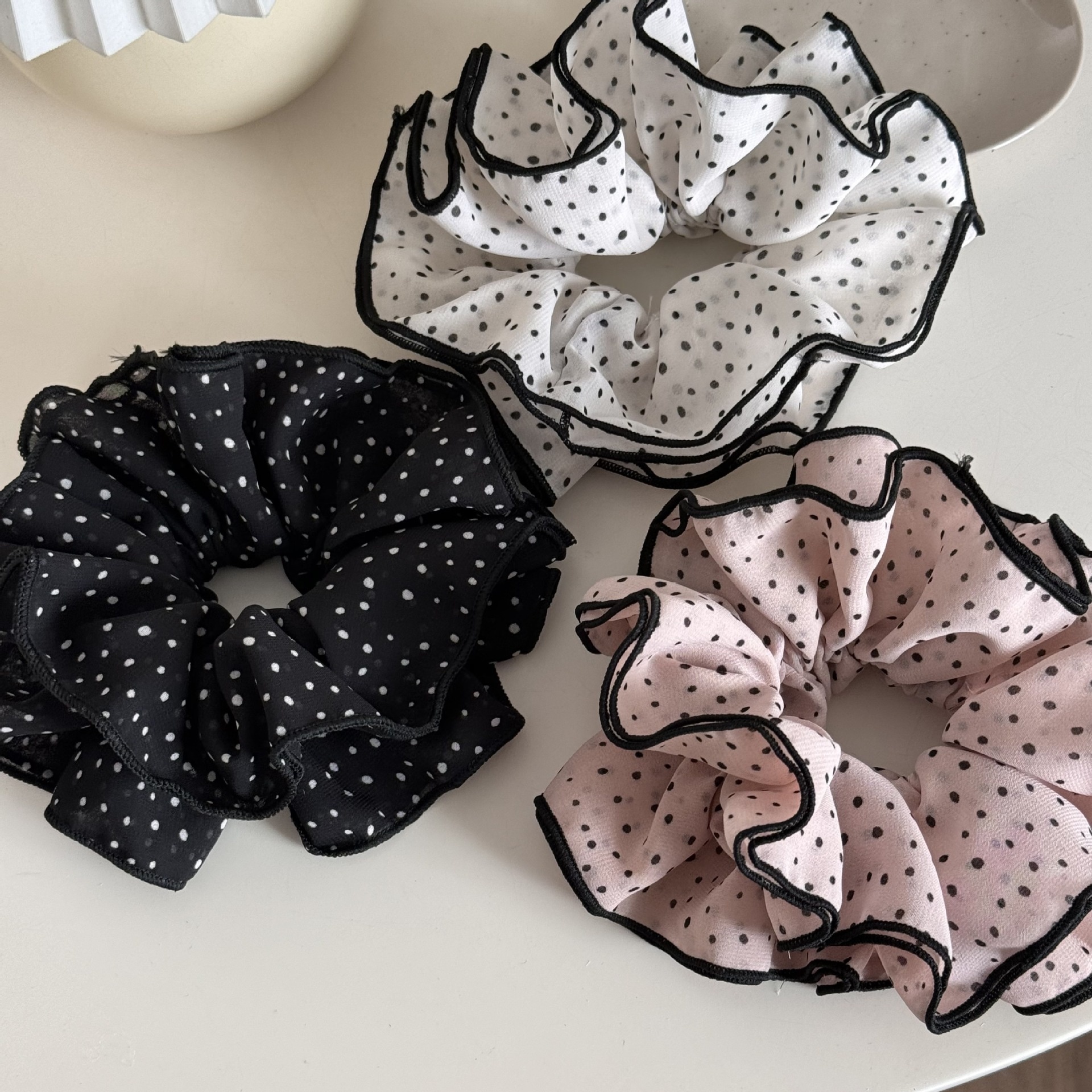 Women's Everyday Soft Cloth Scrunchie Hair Tie Black Polka Dots Pattern