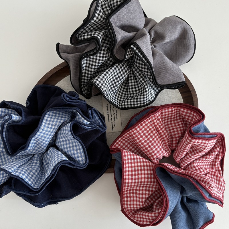 Women's Fabric Multi-Layer Hair Scrunchie Preppy Color Block Plaid