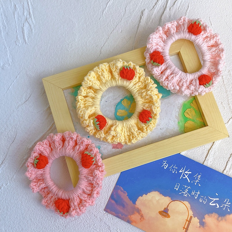 Women Girls Winter Wool Knitted Bow Hair Tie Creamy Strawberry