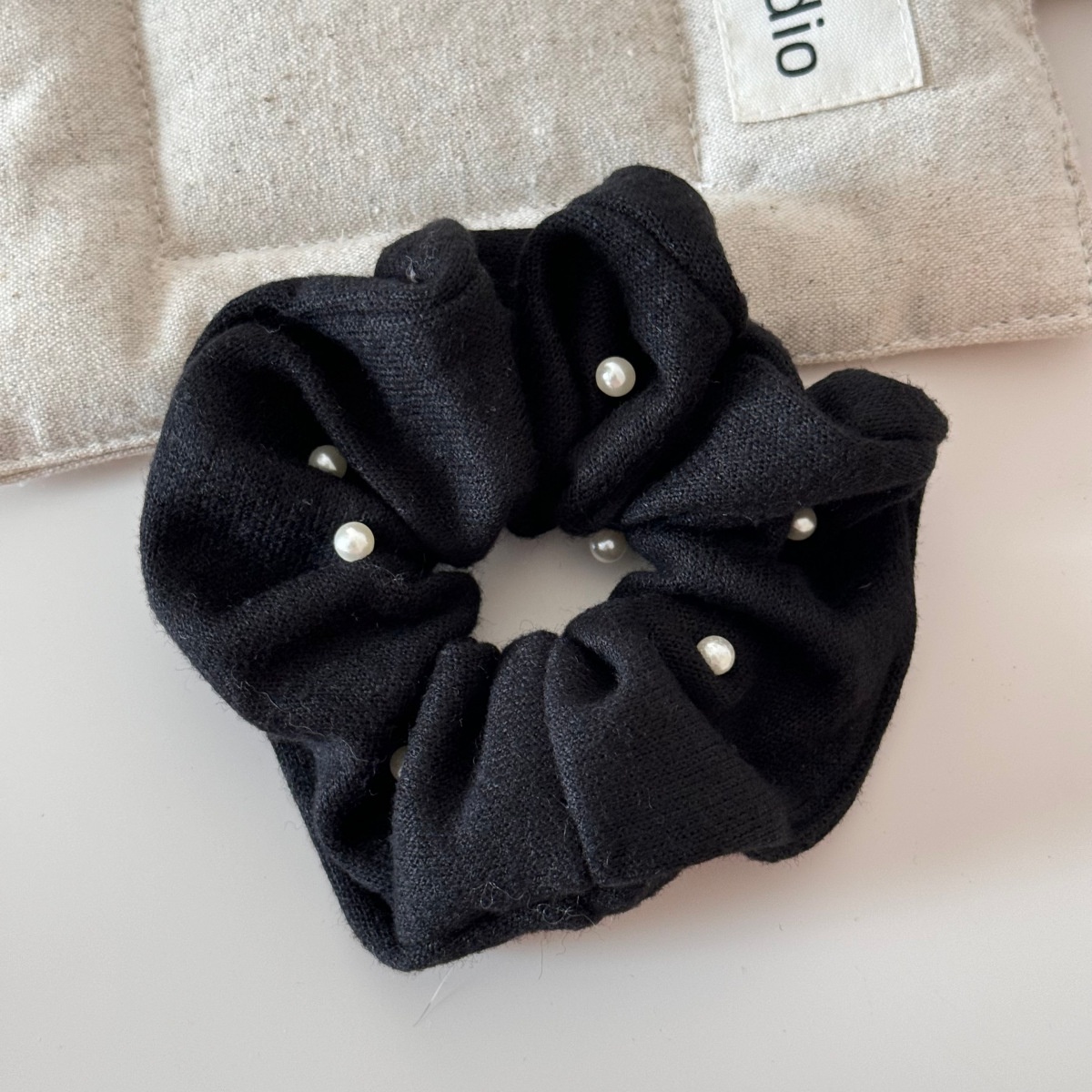 Women Elegant Pearl Knitted Cotton Hair Bands Winter Bun Ties Solid Colors