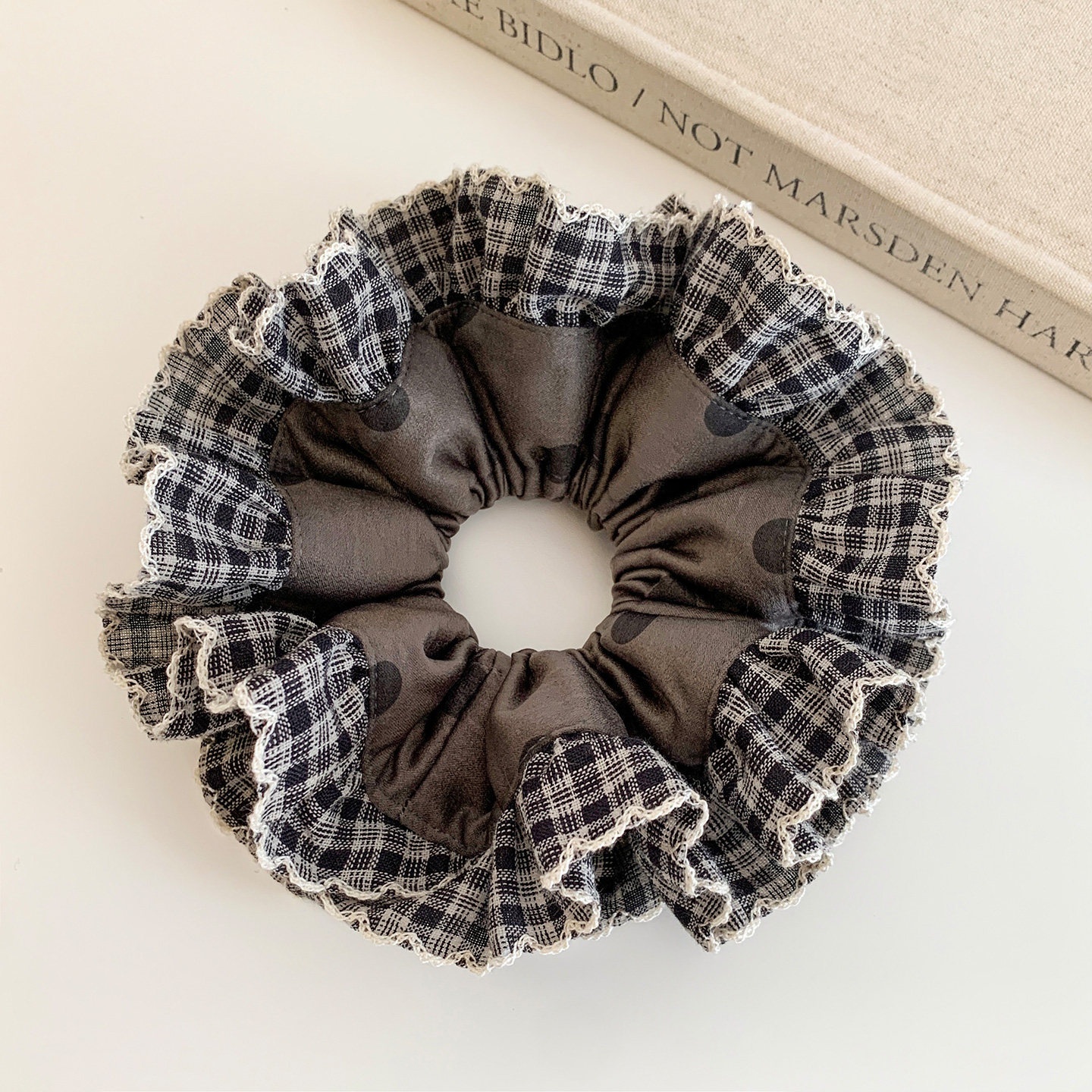 Women's Preppy Style Satin Spring Hair Tie Scrunchie Coffee Plaid