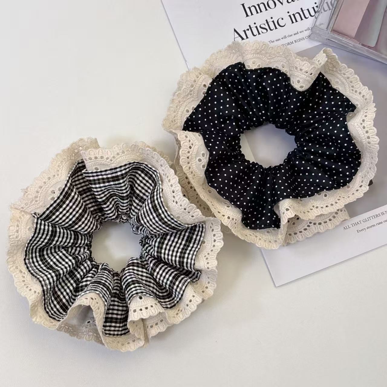 Women's Retro Black Polka Dot Cloth Hair Tie Classic Vintage Scrunchie