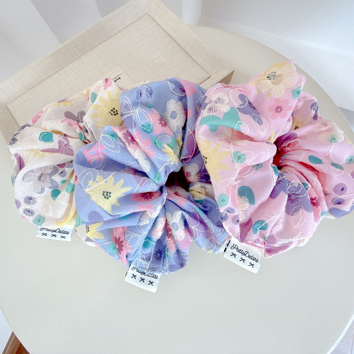 Women's Summer Cloth Hair Tie Ditsy Floral Embroidery Beige Pink Purple