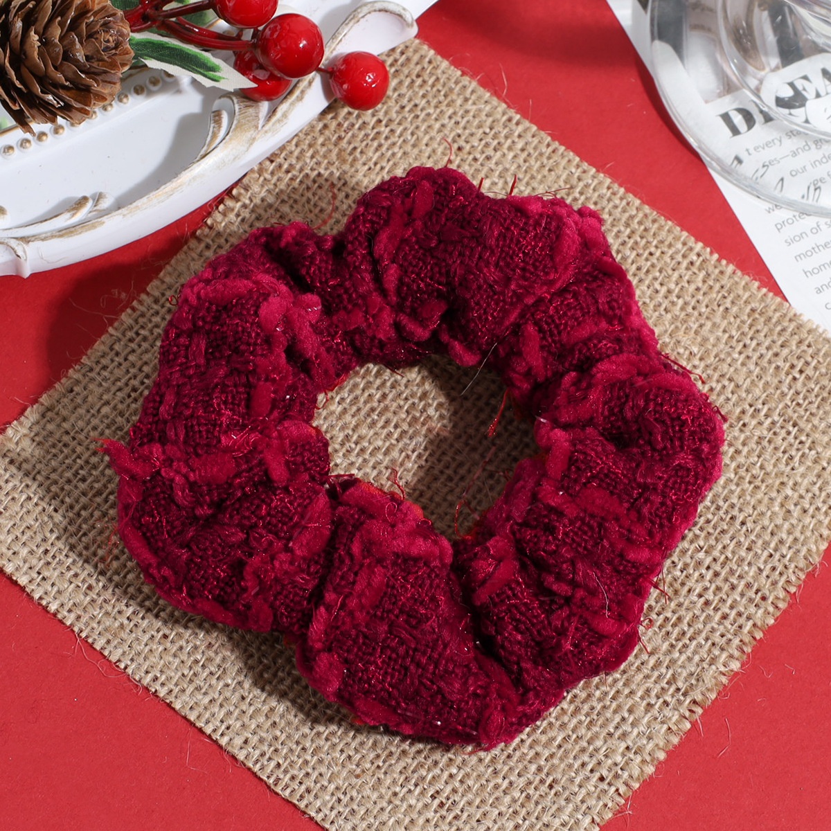 Women's Autumn Winter Fluffy Knit Hair Scrunchie Classic Red Plaid