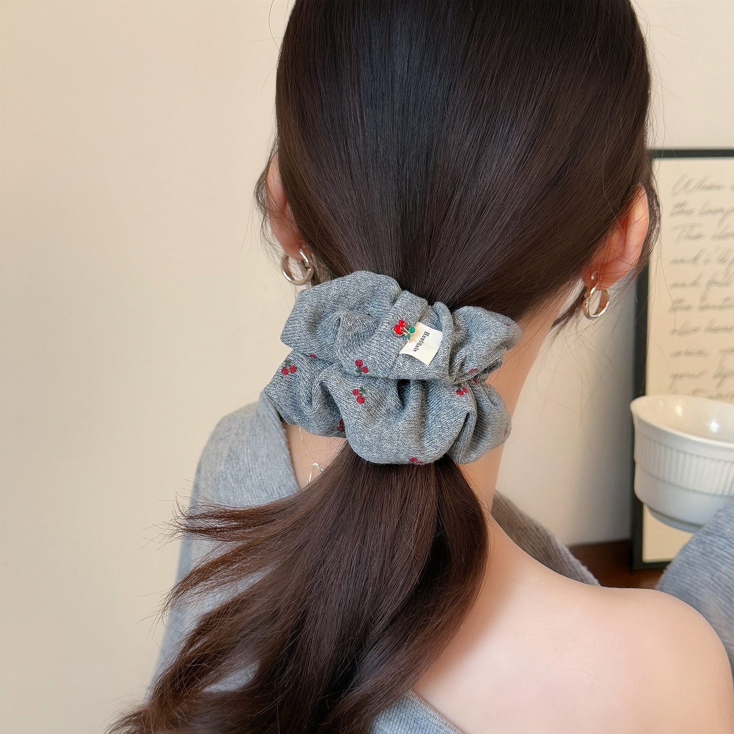 Women's Autumn Winter Cloth Bun Hair Ties Simple Gray Cherry Print