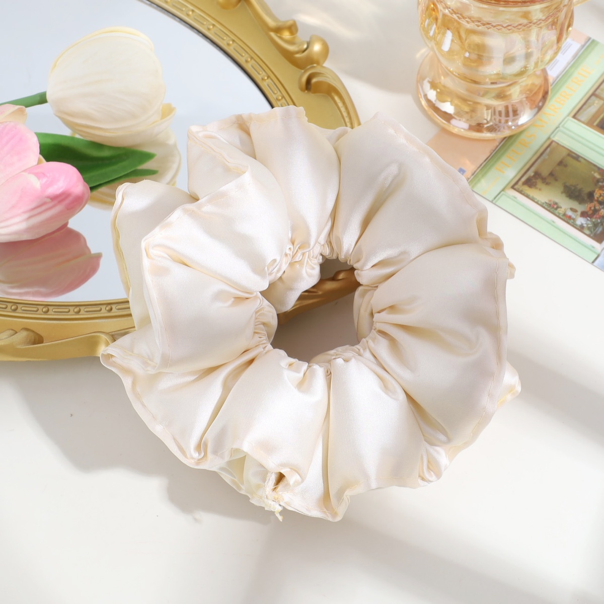 Women's Satin Flower Hair Tie French Style Large Elastic Band Solid Color