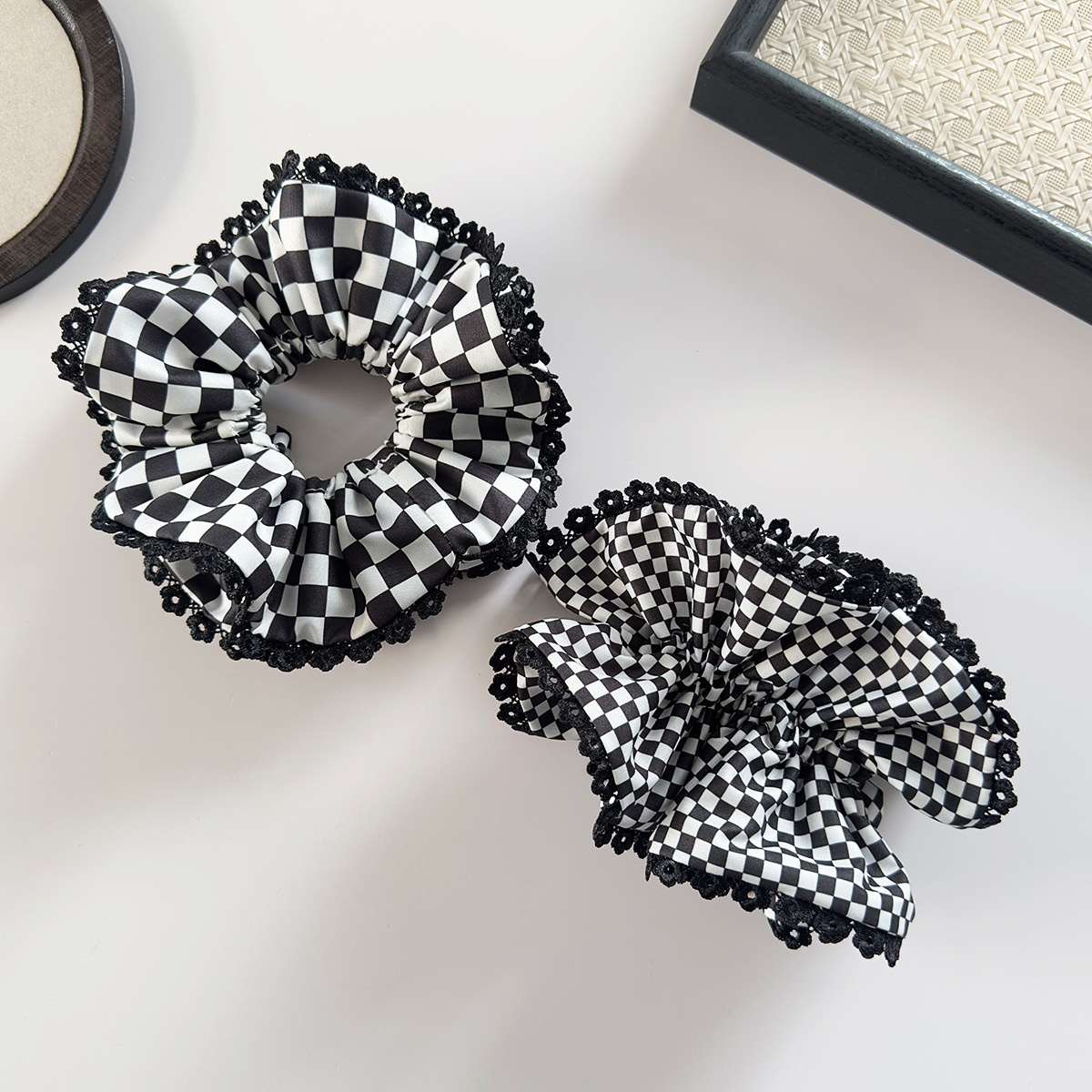 Women's Daily Double-Layer Cloth Hair Tie Black White Checkered