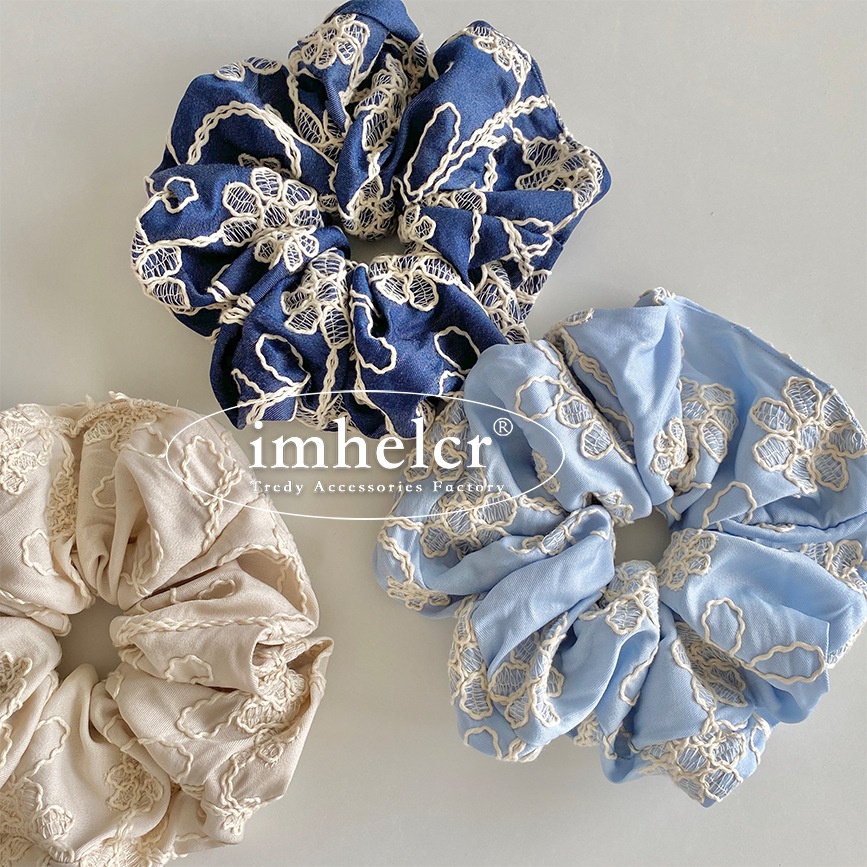Women's Denim Bubble Braid Hair Tie Light Blue Embroidered Flower