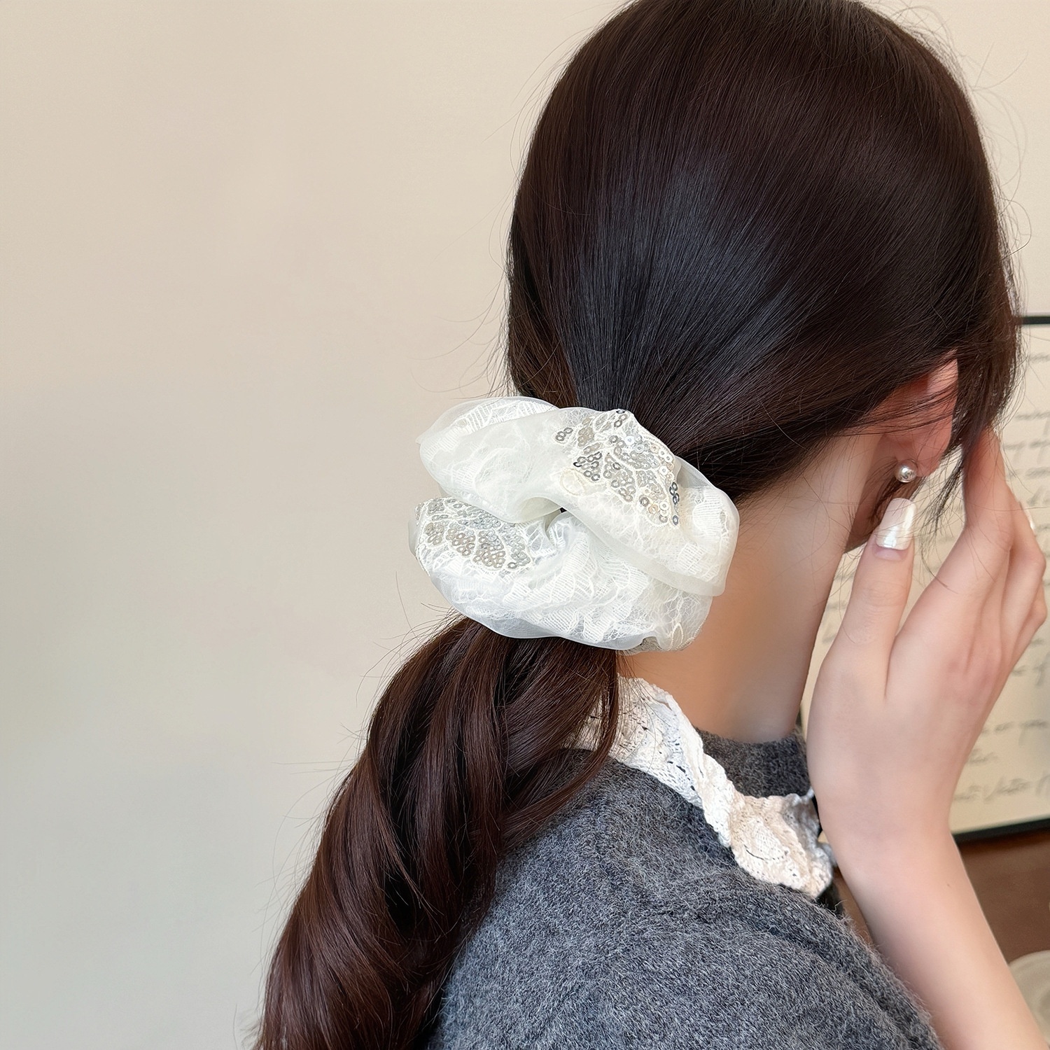 Women's Spring French Style Hair Tie Daily Accessory Beige Lace