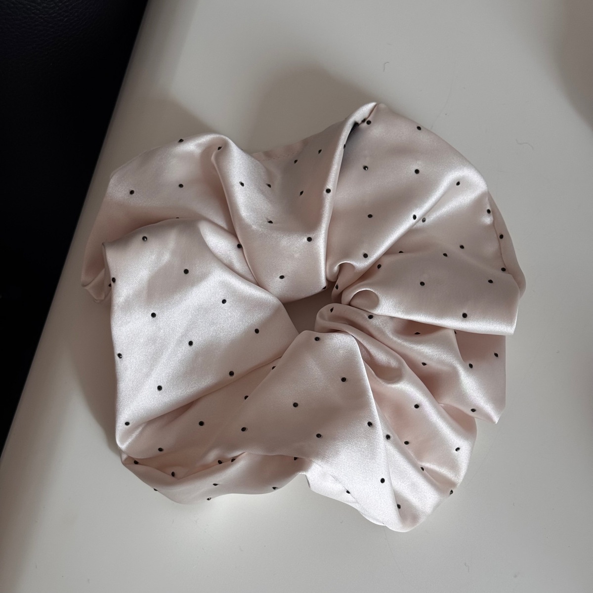 Women's Elegant Spring Satin Hair Tie Scrunchie in Beige Polka Dots