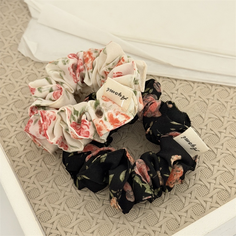 Women's Minimalist Fabric Hair Tie For Ponytails Beige Black Floral Print