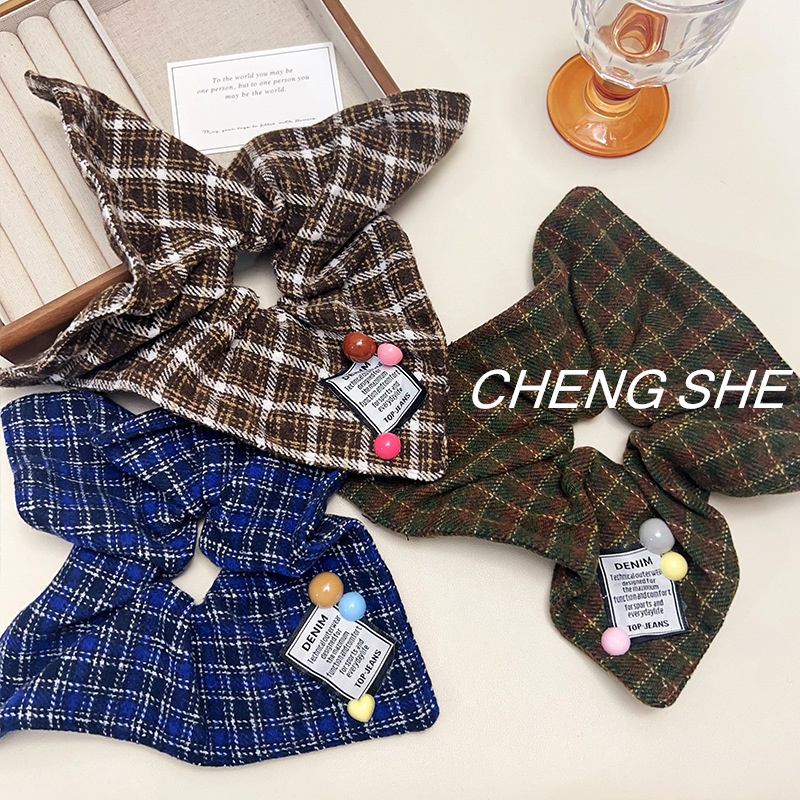 Women's Large Plaid Scarf Hair Tie High Elasticity Fabric Ponytail Holder
