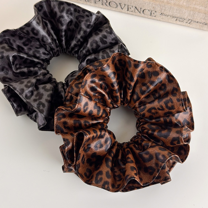 Women's Oversized Leather Bun Hair Scrunchie Coffee Leopard Print