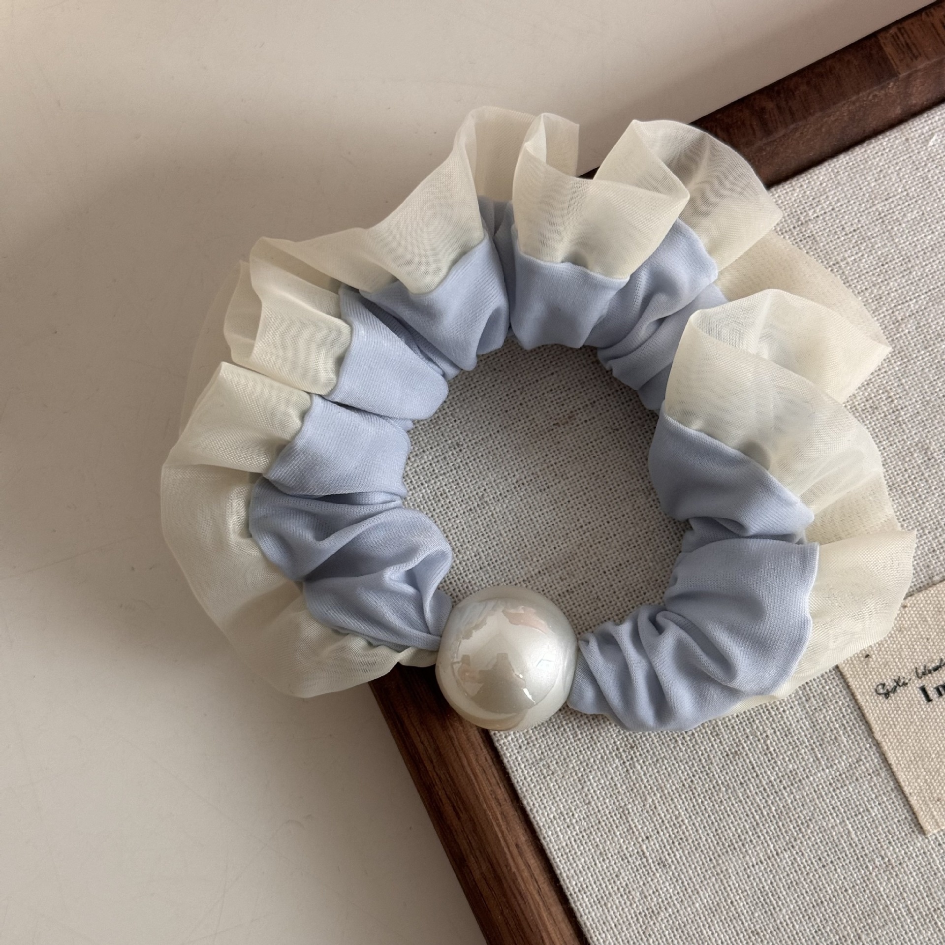 Women's Spring Satin Artificial Pearl Hair Tie Rubber Band Blue