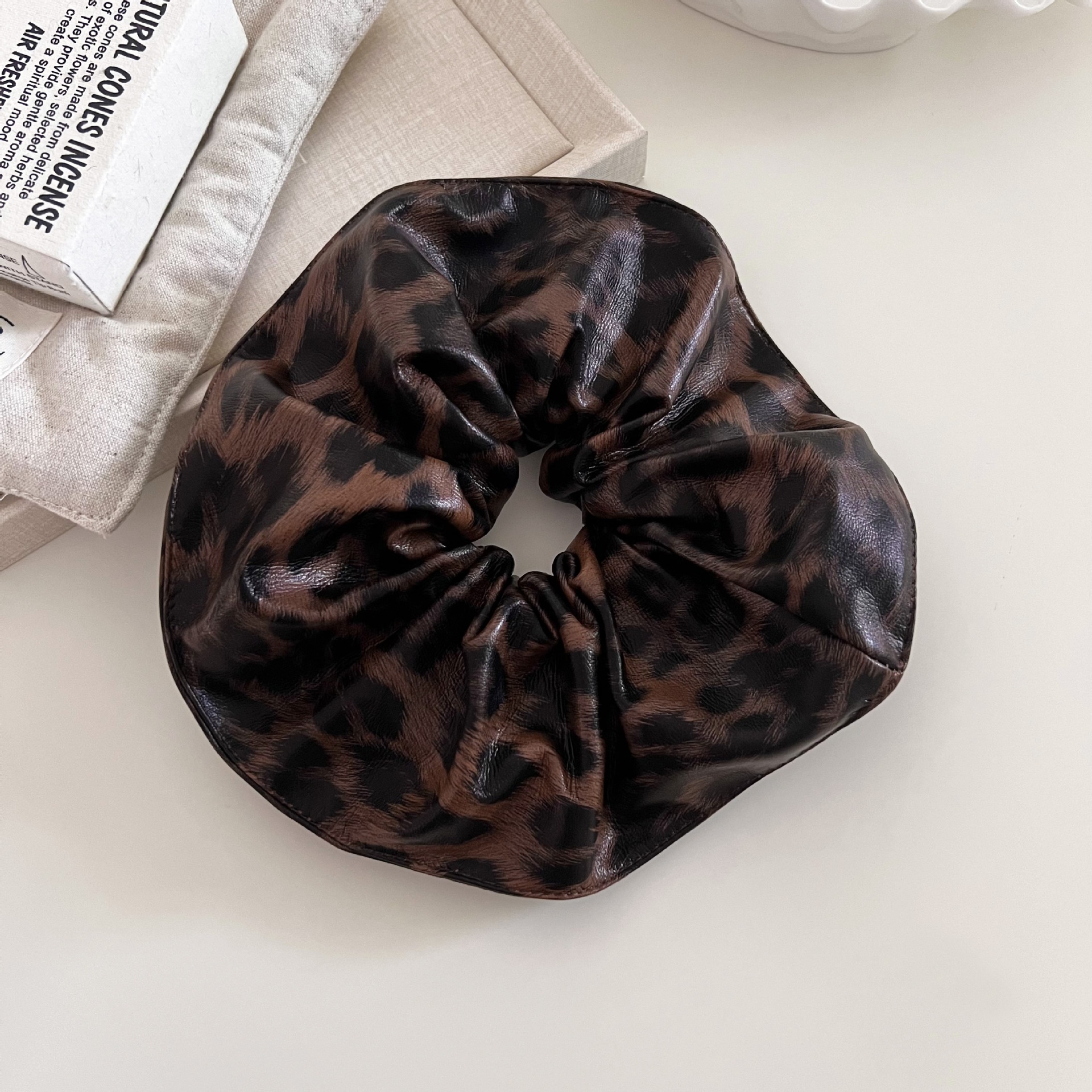 Women's Vintage PU Leather Leopard Print Hair Tie Retro Ponytail Elastic