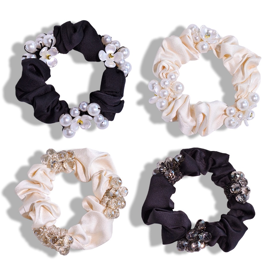 Women's French Satin Crystal Low Bun Hair Tie Rose Floral Beige Black