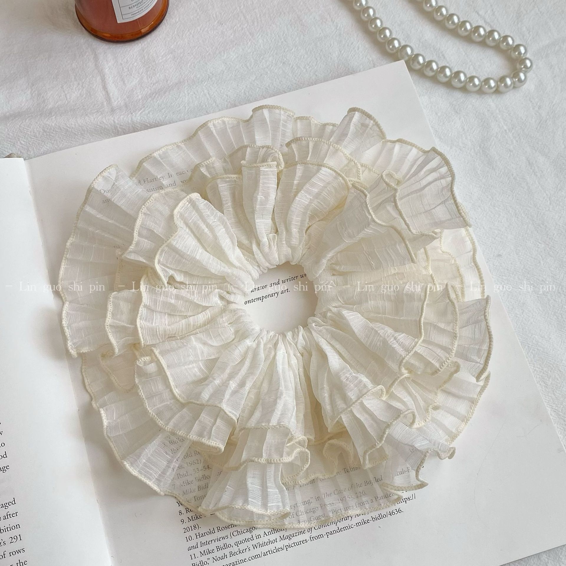 Women's Spring Soft Gauze Chiffon Hair Tie Sweet Pink Floral Lace