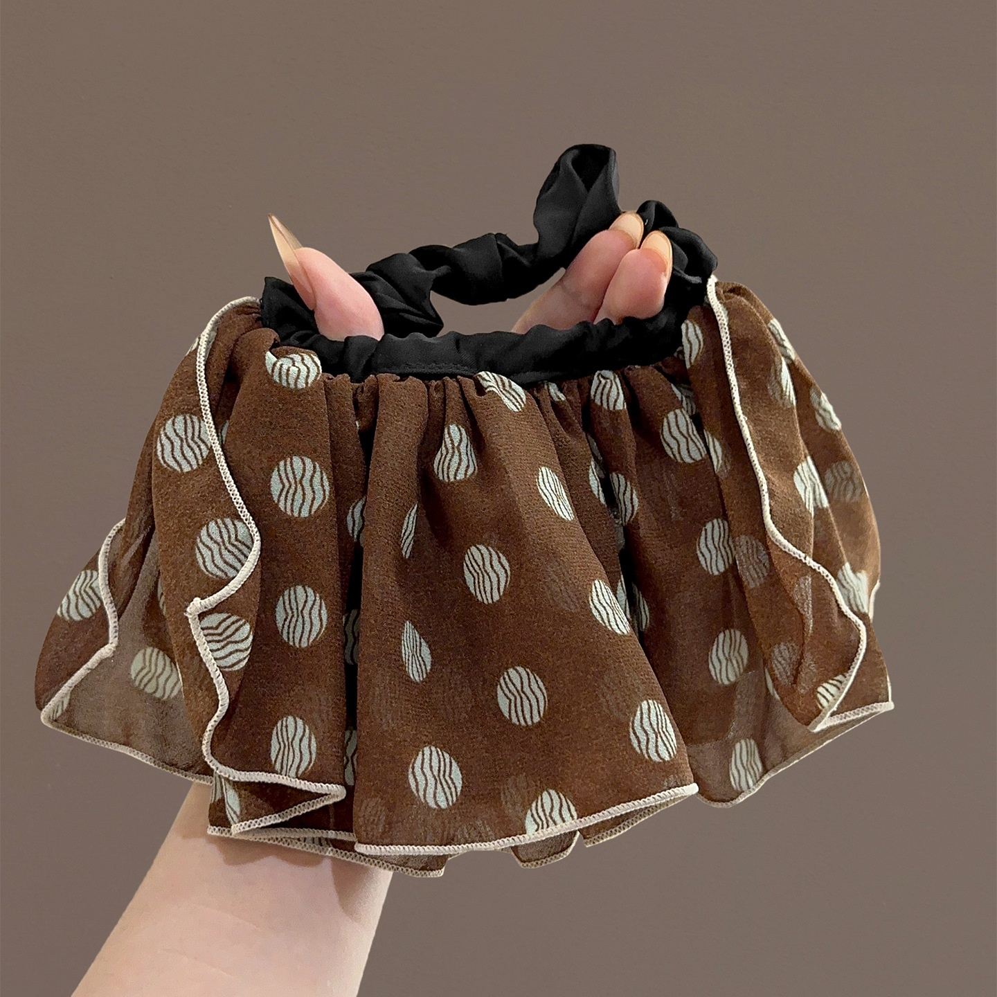 Women's Spring Summer Gauze Scrunchie Hair Tie Black Brown Polka Dots