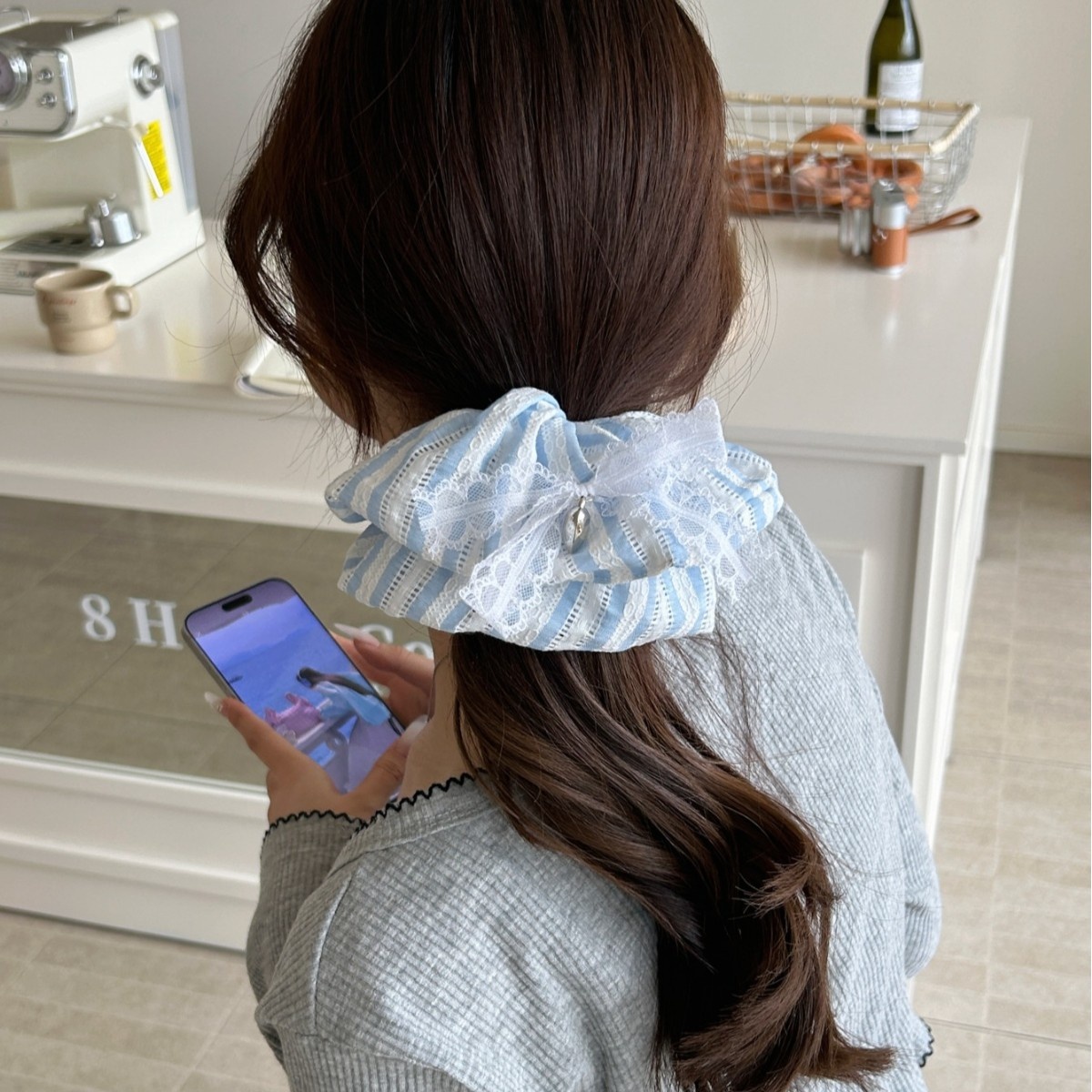 Women's Spring Summer Sweet Cloth Bow Knot Hair Tie Blue Plaid Lace