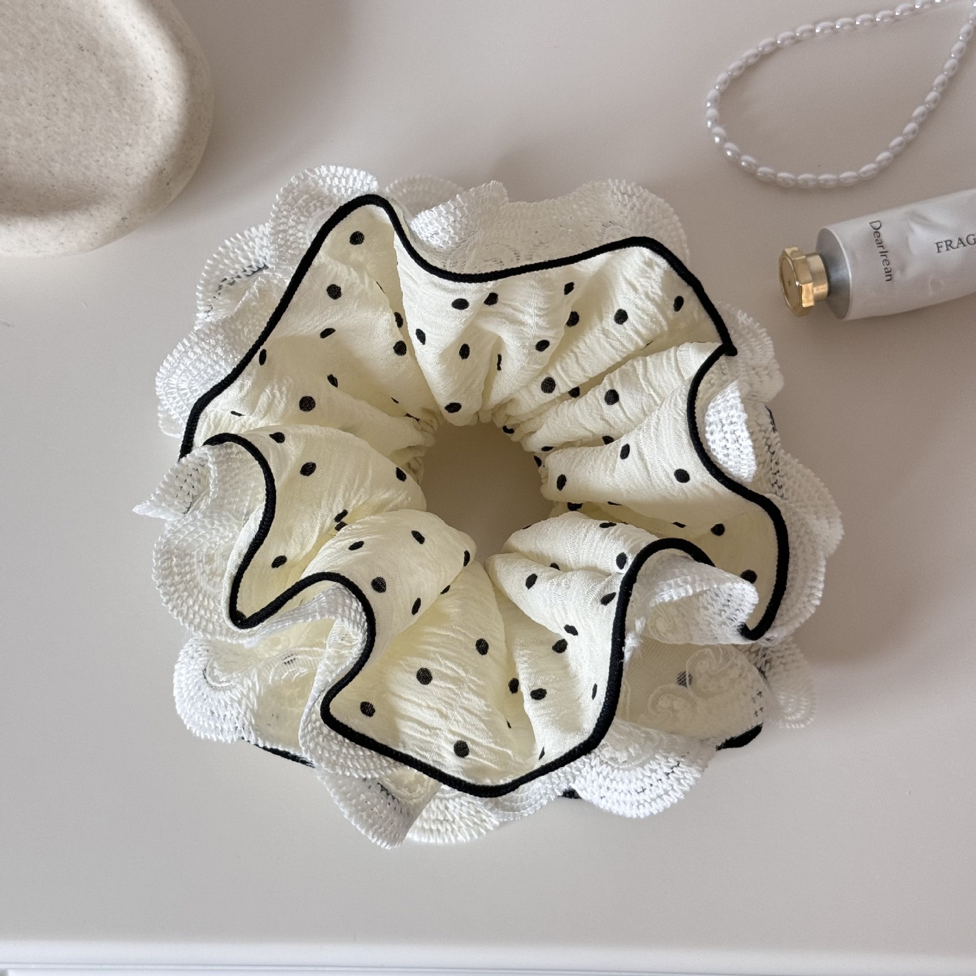 Women's Autumn Polyester Lace Scrunchie Hair Tie Beige Polka Dots