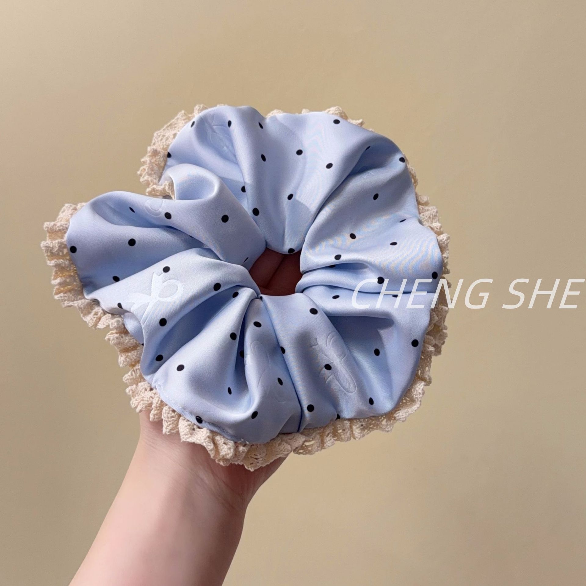 Women's French Satin Bubble Braid Hair Tie in Blue Polka Dot Bow Knot