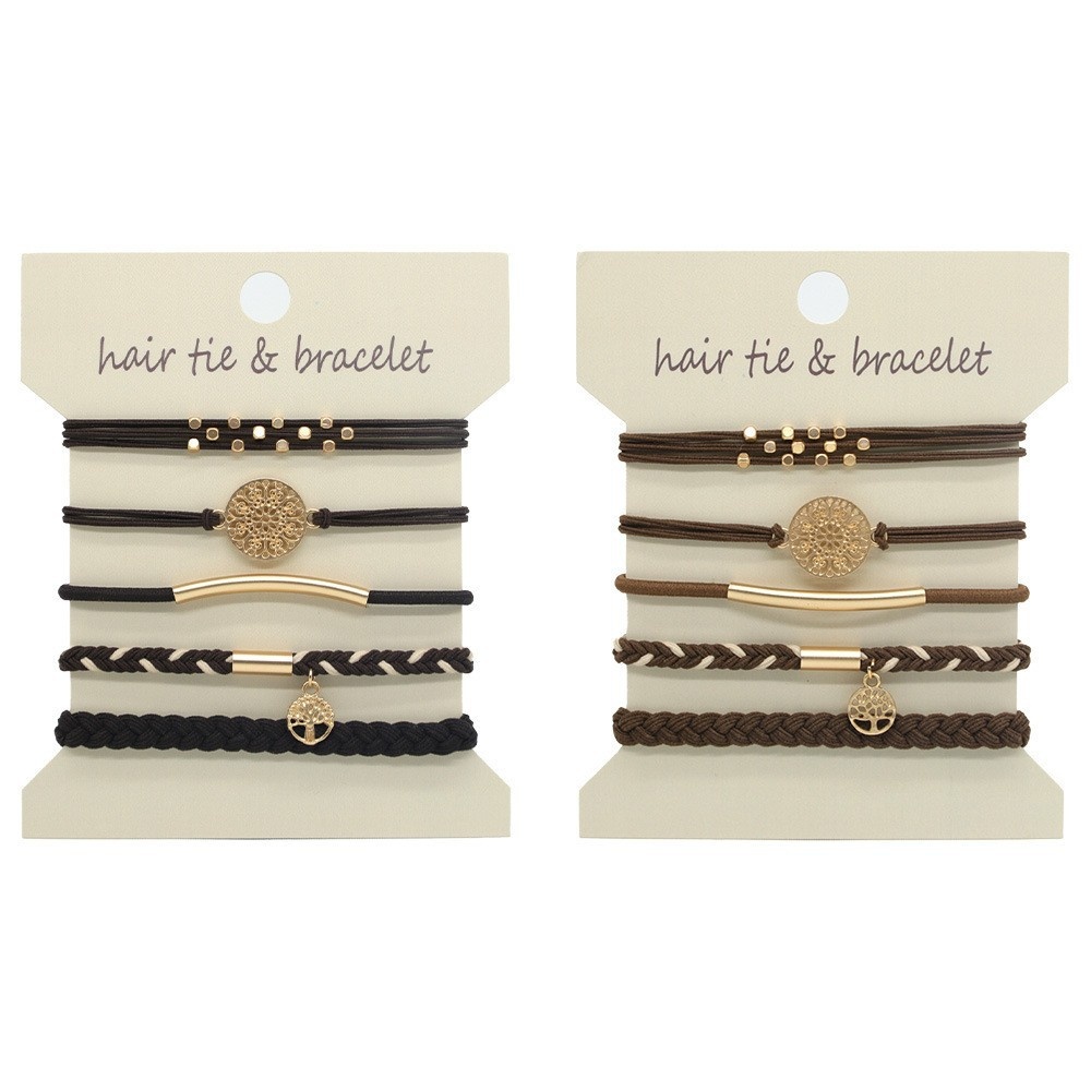Women's 5Pcs Brown Metal Tree of Life Elastic Hair Tie Bracelet Set