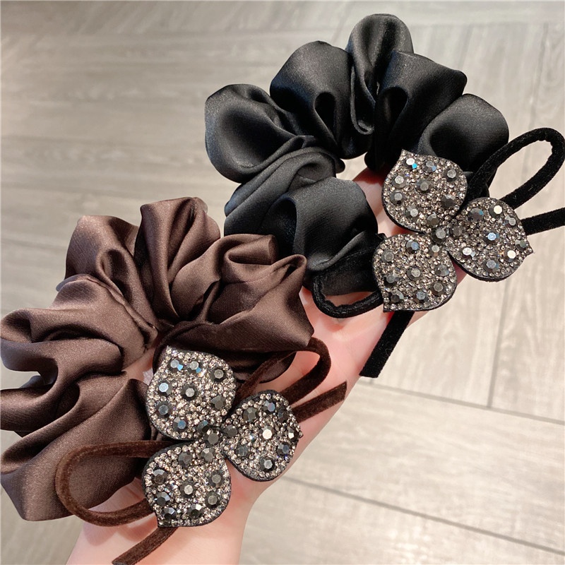 Women's French Retro Bowknot Rhinestone Flower Hair Tie Coffee Black