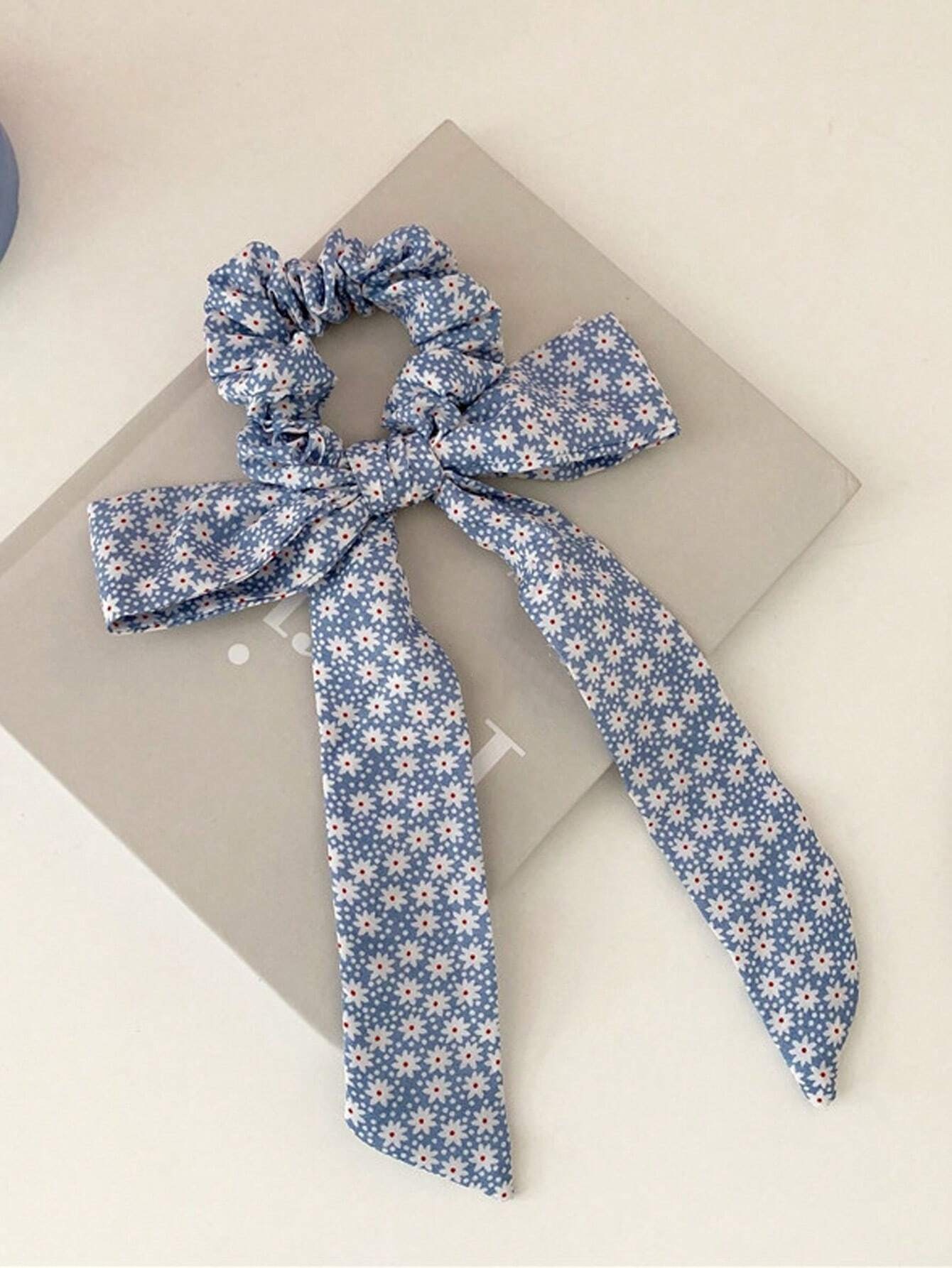 Women Girls French Polka Dot Bow Hair Scarf Fabric Ponytail Holder Tie