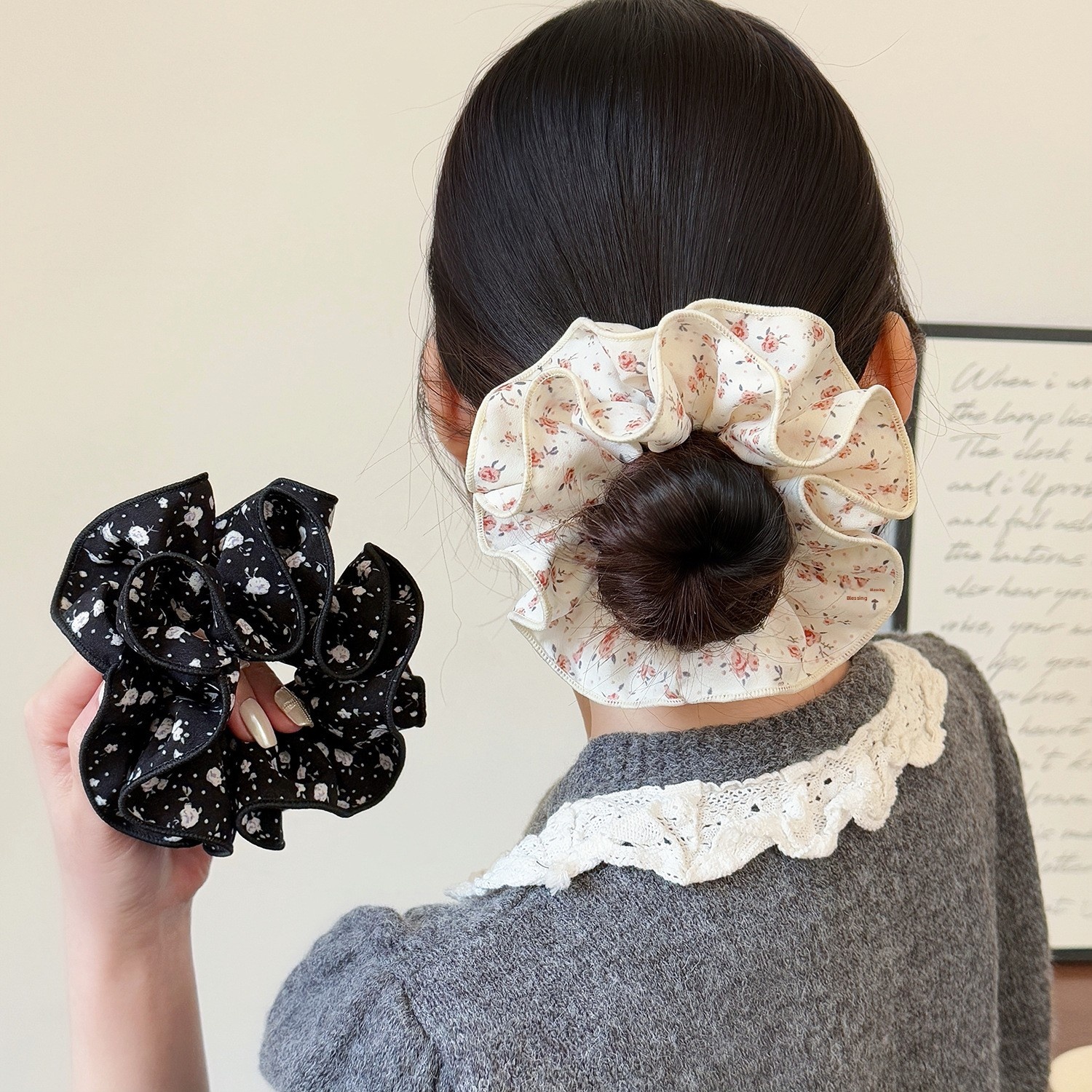 Women's Spring Summer Cloth Hair Tie Accessory Black Ditsy Floral