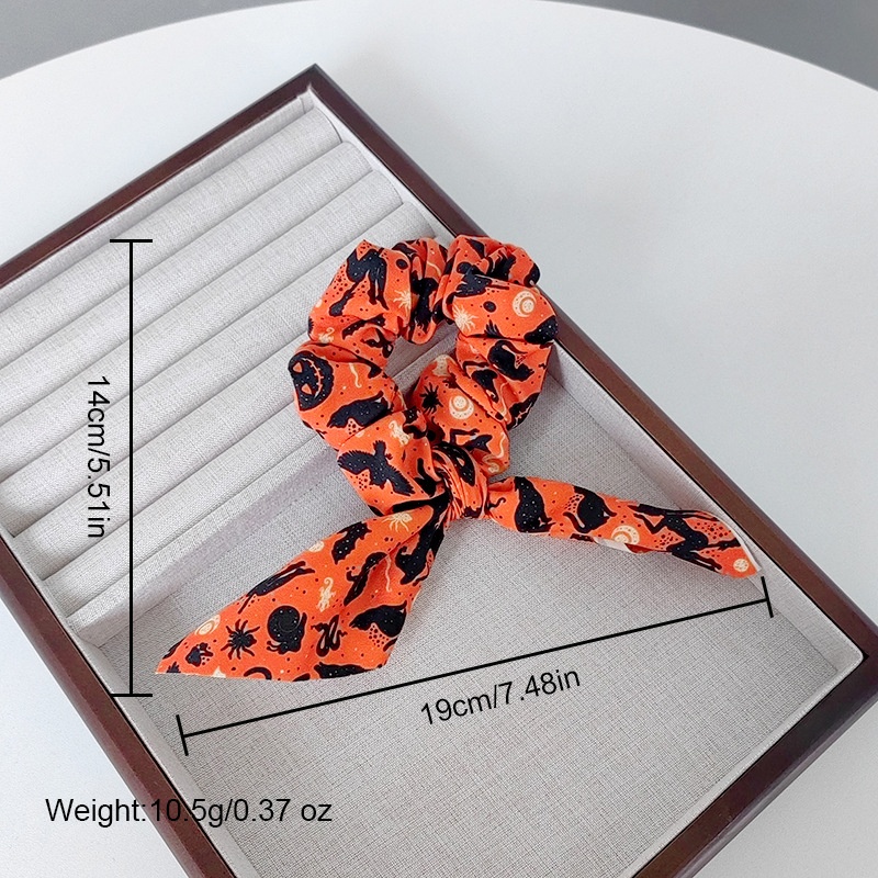 Women's Retro Large Bow Hair Tie Halloween Pumpkin Ghost Bat Print Fabric Art