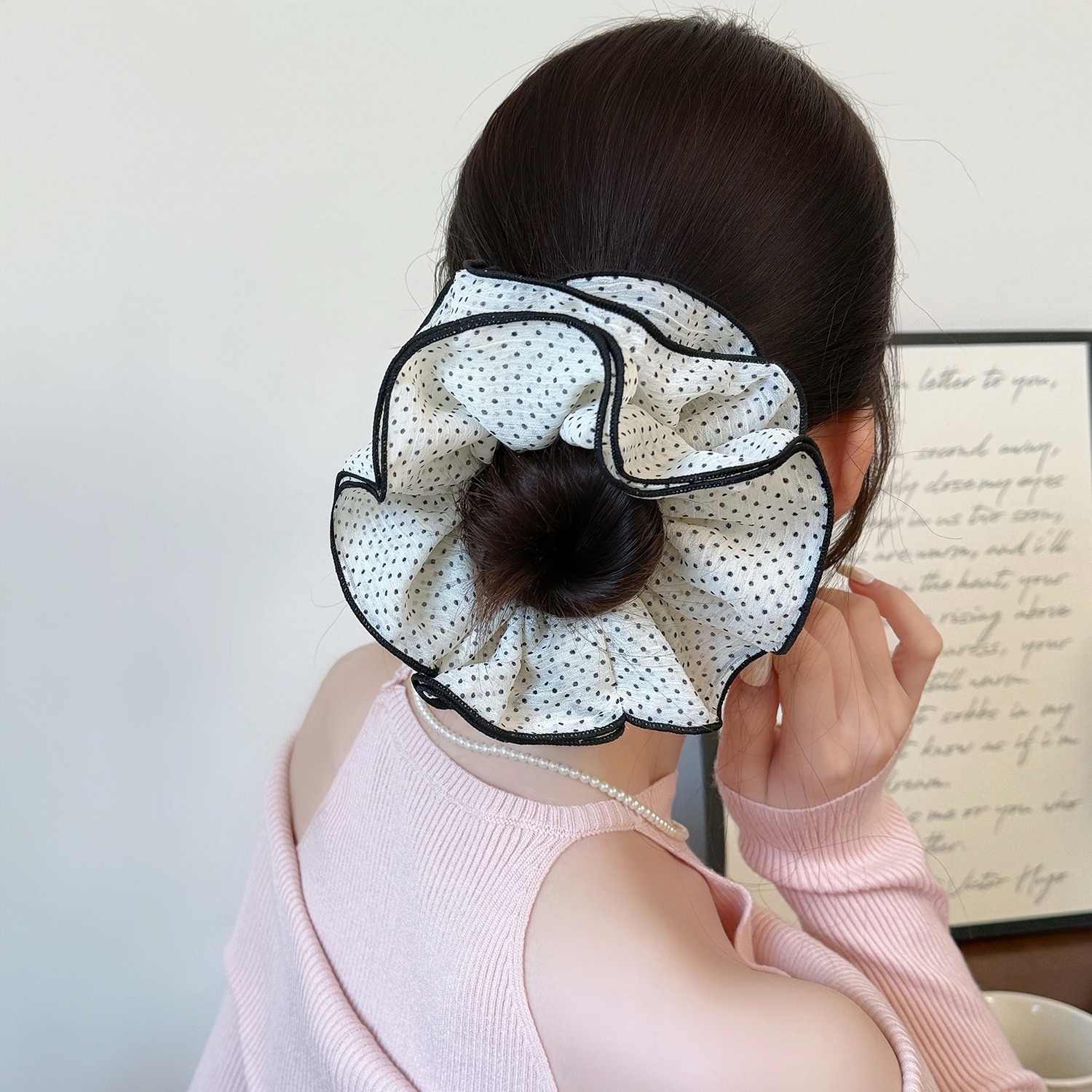 Women's Elegant Spring Soft Gauze Hair Tie Black Polka Dots