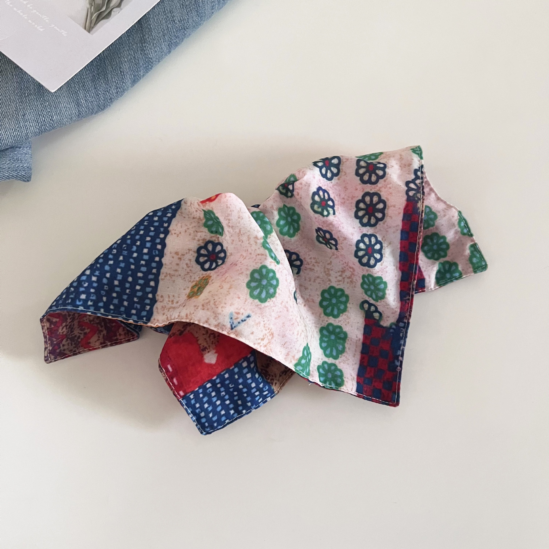 Women's Holiday Cloth Scarf Knot Hair Tie Vintage Floral Plaid