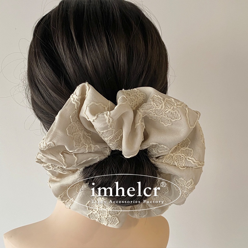 Women's Denim Bubble Braid Hair Tie Light Blue Embroidered Flower