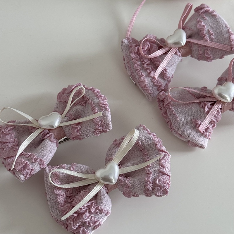 Women's Sweet Spring Lace Bow Tie Hairpin Accessory Pink Beige Heart