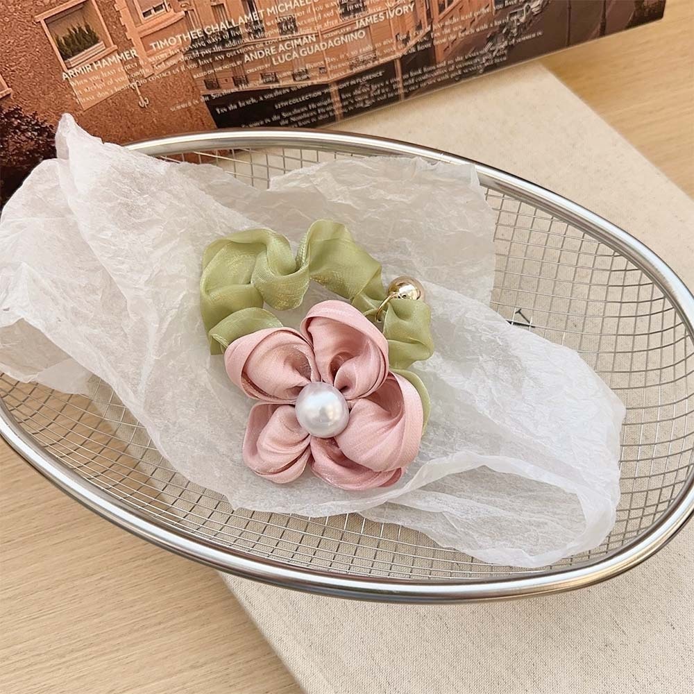 Women's Retro Satin Pearl Elastic Ponytail Holder Summer Floral Hairband