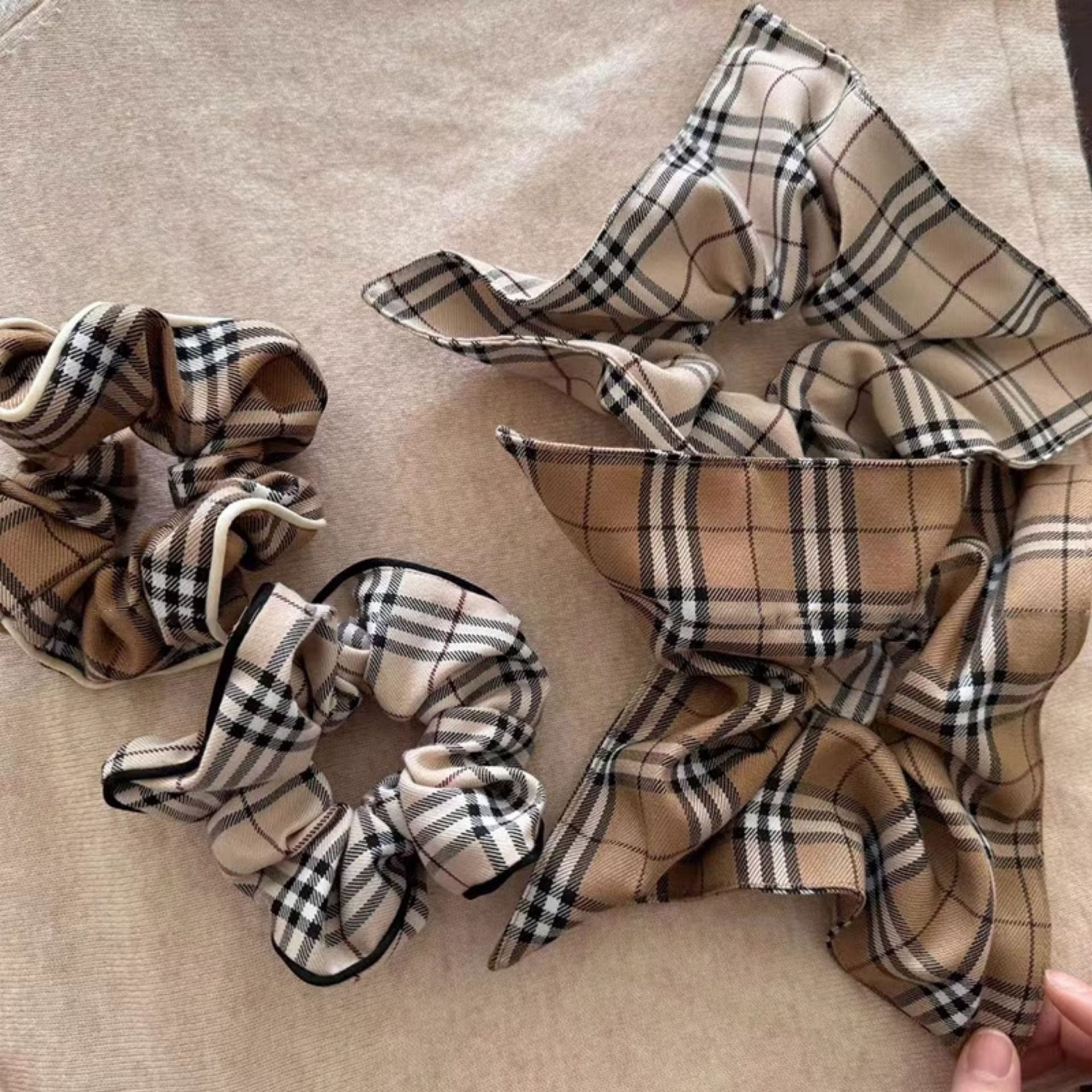 Women's Elegant Scarf Hair Tie Premium Bun Band Plaid Coffee Beige