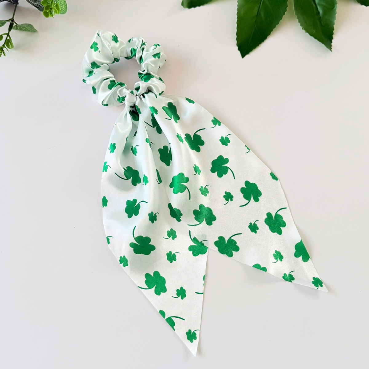 Women's St. Patrick's Cloth Ribbon Hair Tie Green Clover Print