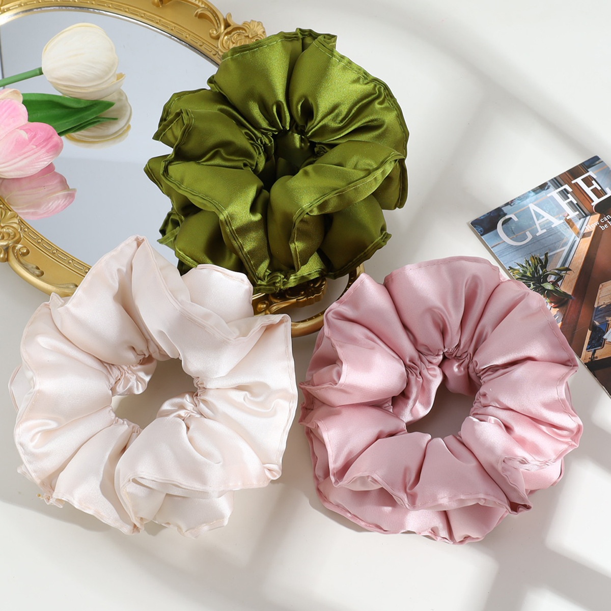 Women's Satin Flower Hair Tie French Style Large Elastic Band Solid Color